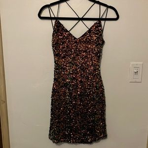 Blue and gold sequin mini dress
